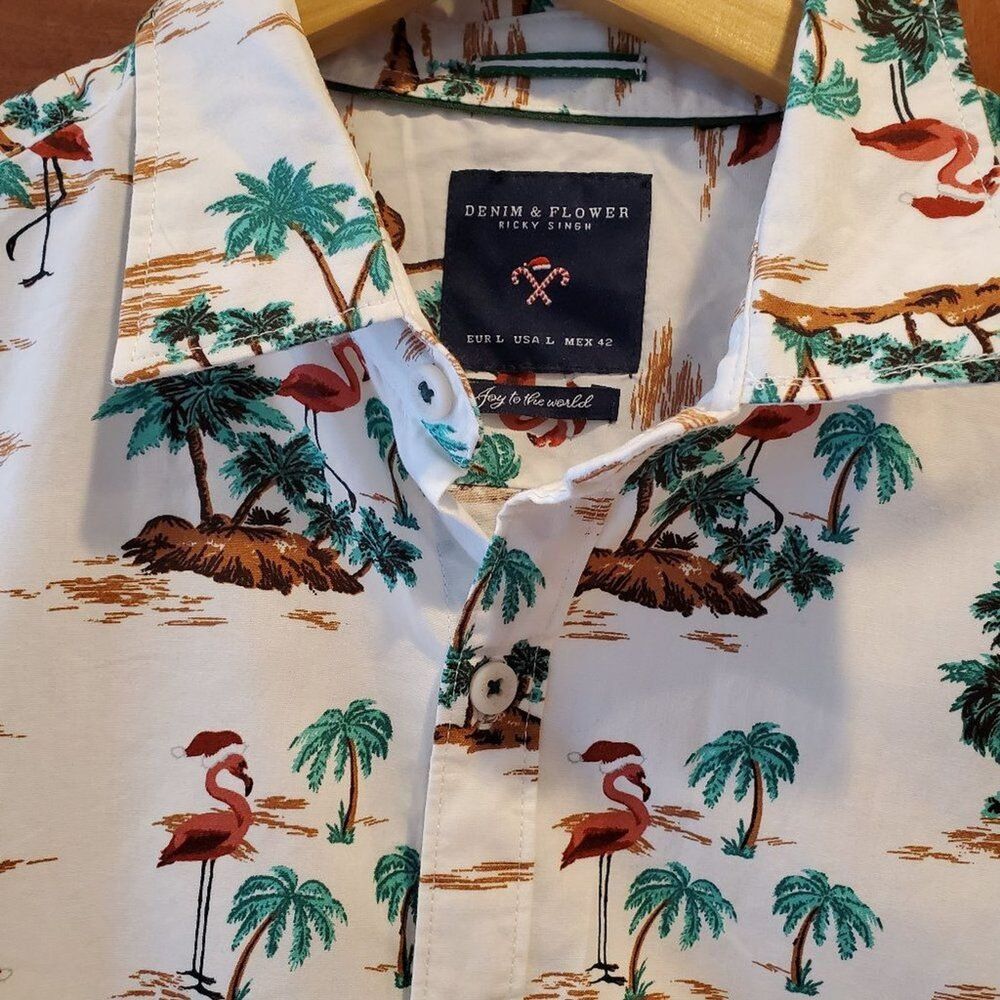 Denim Flower Ricky Singh Shirt Mens S Tropical Flamingo Santa‎ hat Short Sleeve